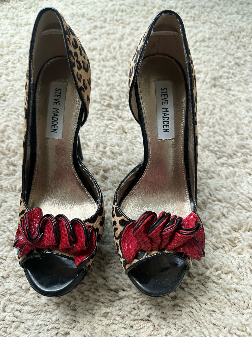Steve Madden Leopard Print Peep-Toe Heels with Red Ruffle